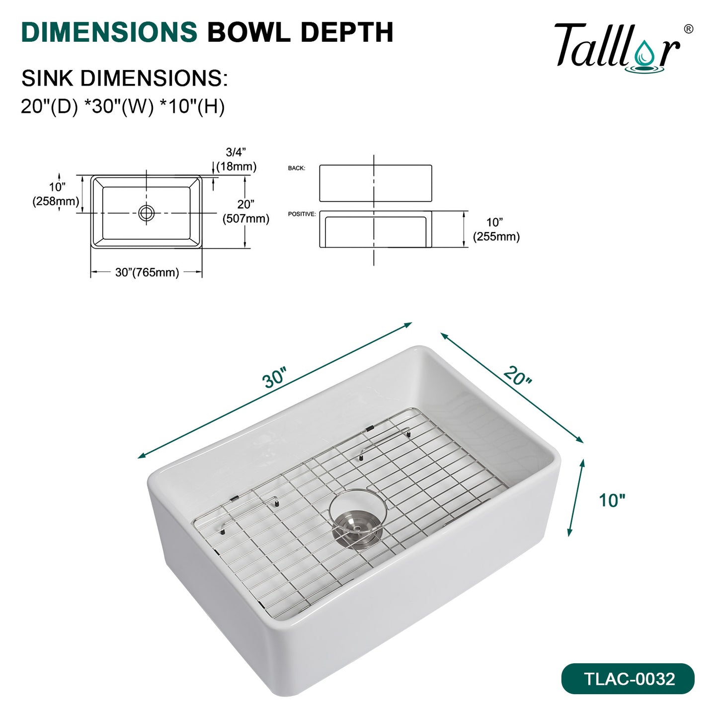 Talllor Fireclay Farmhouse Sink 30 Inch White Farmhouse Sink Apron Front Sink Country Style Barn Kitchen Sink Farmers Sink Porcelain Farm House Sink,20"x30"x10",TLAC-0032