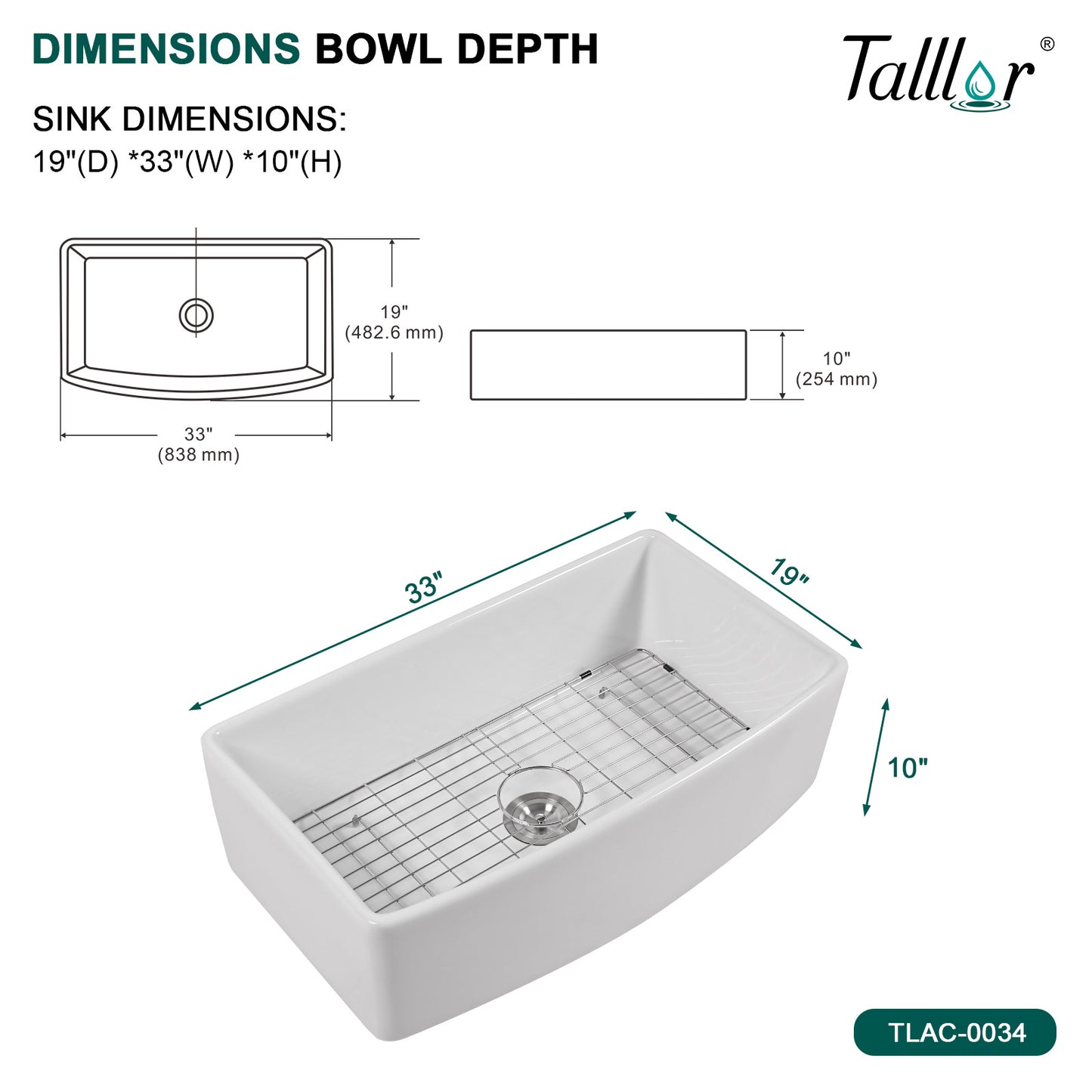 Talllor Fireclay Farmhouse Sink 33 Inch White Farmhouse Sink Apron Sink Country Style Barn Kitchen Sink Farmers Sink Porcelain Farm House Sink,19"x33"x10",TLAC-0034