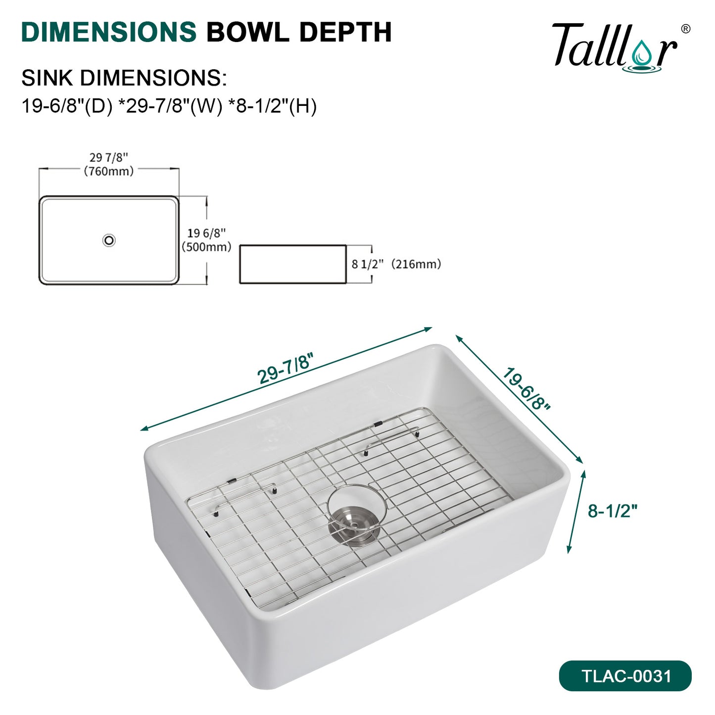 Talllor Fireclay Farmhouse Sink 30 Inch White Farmhouse Sink Apron Front Sink Country Style Barn Kitchen Sink Farmers Sink Porcelain Farm House Sink,20"x30"x9",TLAC-0031