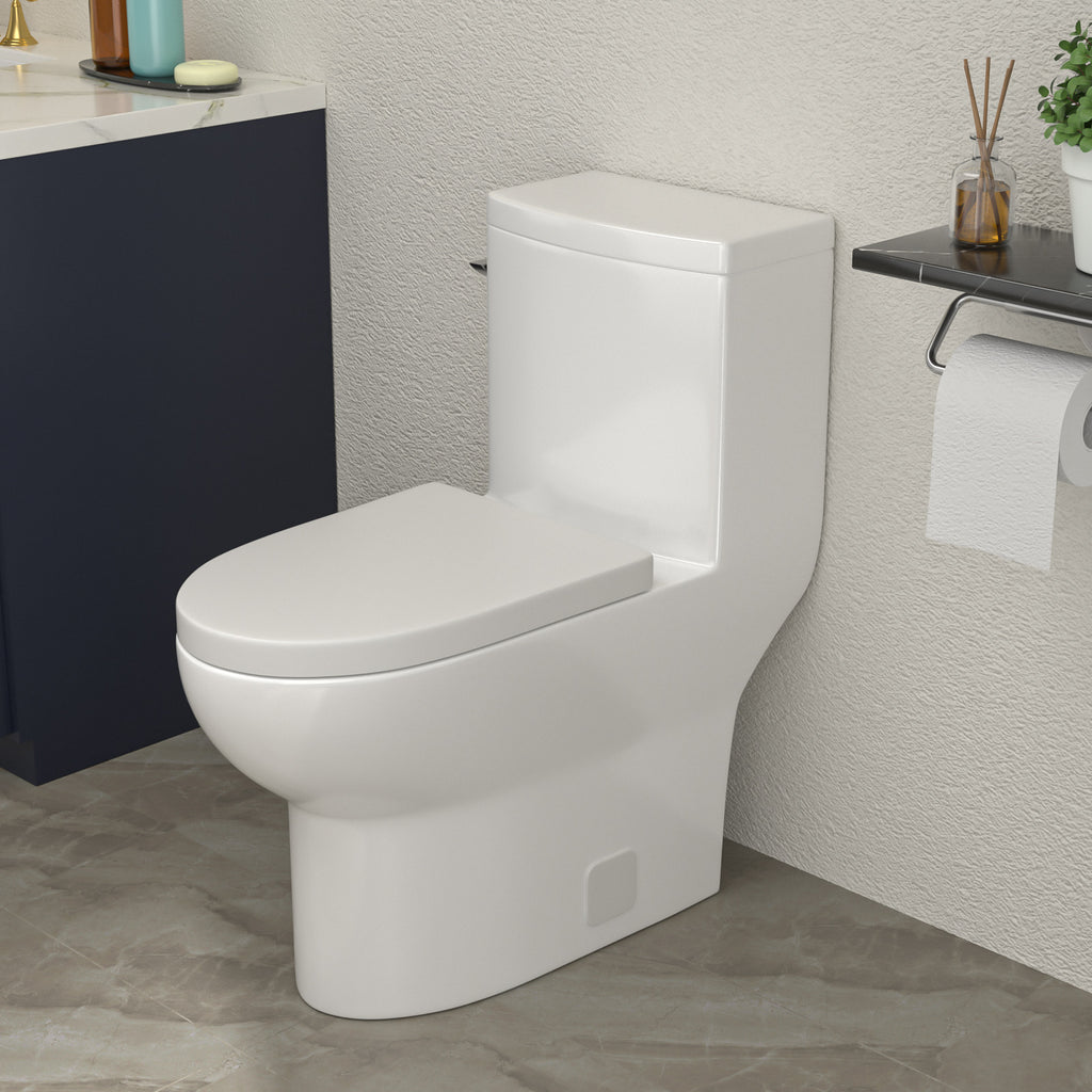 Talllor Side Lever One-Piece Toilet Tempoii TLMTC-0019 Comfort ADA Height 17 1/2 Inches Efficient Single Flush 1.28 GPF Quiet Soft Close Toilet Seat 12-Inch Rough-In White Toilets, 12"x18"x28"