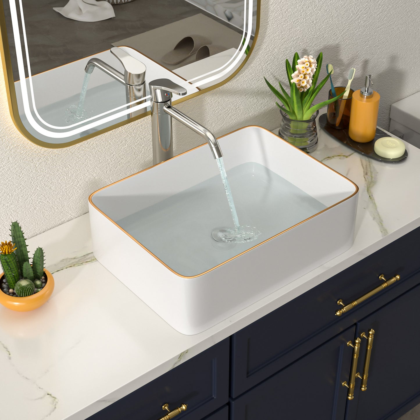 Talllor Bathroom Vessel Sinks 16 Inch White Vessel Sink with Gold Rim Modern Small Bathroom Sink Above Counter Rectangular Vessel Sink Vanity Bowl Sinks for Bathroom,15"x19"x5",TLVS-0006
