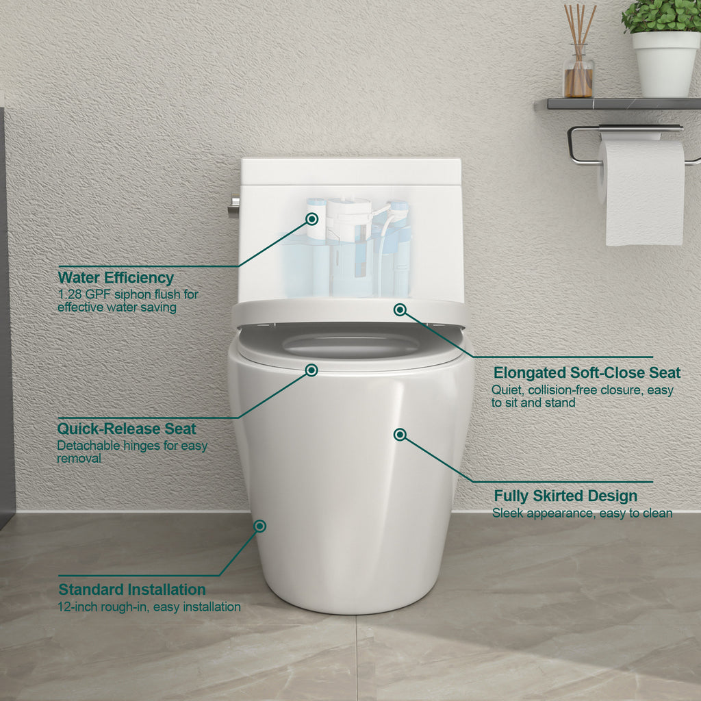 Talllor Side Lever One-Piece Toilet Tempoii TLMTC-0016 Comfort ADA Height 17 3/10 Inch Efficient Single Flush 1.28 GPF Quiet Soft Close Toilet Seat 12-Inch Rough-In Sleek White Toilets,15.6"x28"x28"