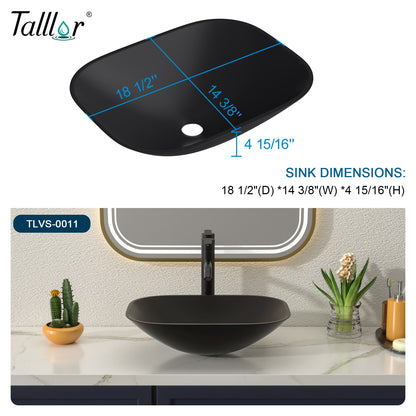 Talllor Bathroom Vessel Sink Matte Black Modern Artistic Glass Vessel Sink Above Counter Vanity Oval Bathroom Sink with Faucet and Drain Combo,18"x14",TLVS-0011
