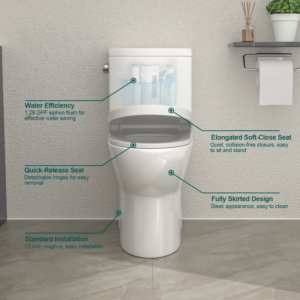 Talllor Side Lever One-Piece Toilet Tempoii TLMTC-0019 Comfort ADA Height 17 1/2 Inches Efficient Single Flush 1.28 GPF Quiet Soft Close Toilet Seat 12-Inch Rough-In White Toilets, 12"x18"x28"