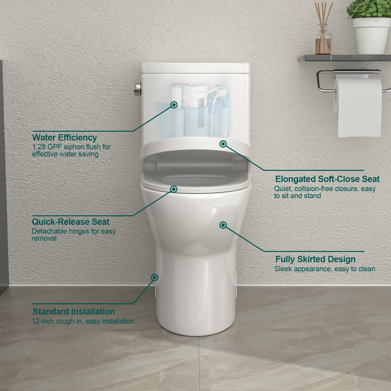 Talllor Side Lever One-Piece Toilet Tempoii TLMTC-0019 Comfort ADA Height 17 1/2 Inches Efficient Single Flush 1.28 GPF Quiet Soft Close Toilet Seat 12-Inch Rough-In White Toilets, 12"x18"x28"