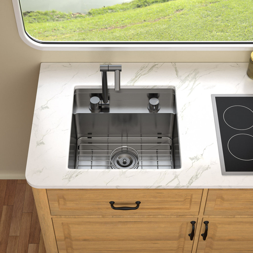 Talllor Rv Sink 18"x18"x9" Black Bar Sink Undermount Stainless Steel Single Bowl Rv Hidden Sink With Faucet Small Kitchen Sink Folding Sink For Small Space,TLRV-0038