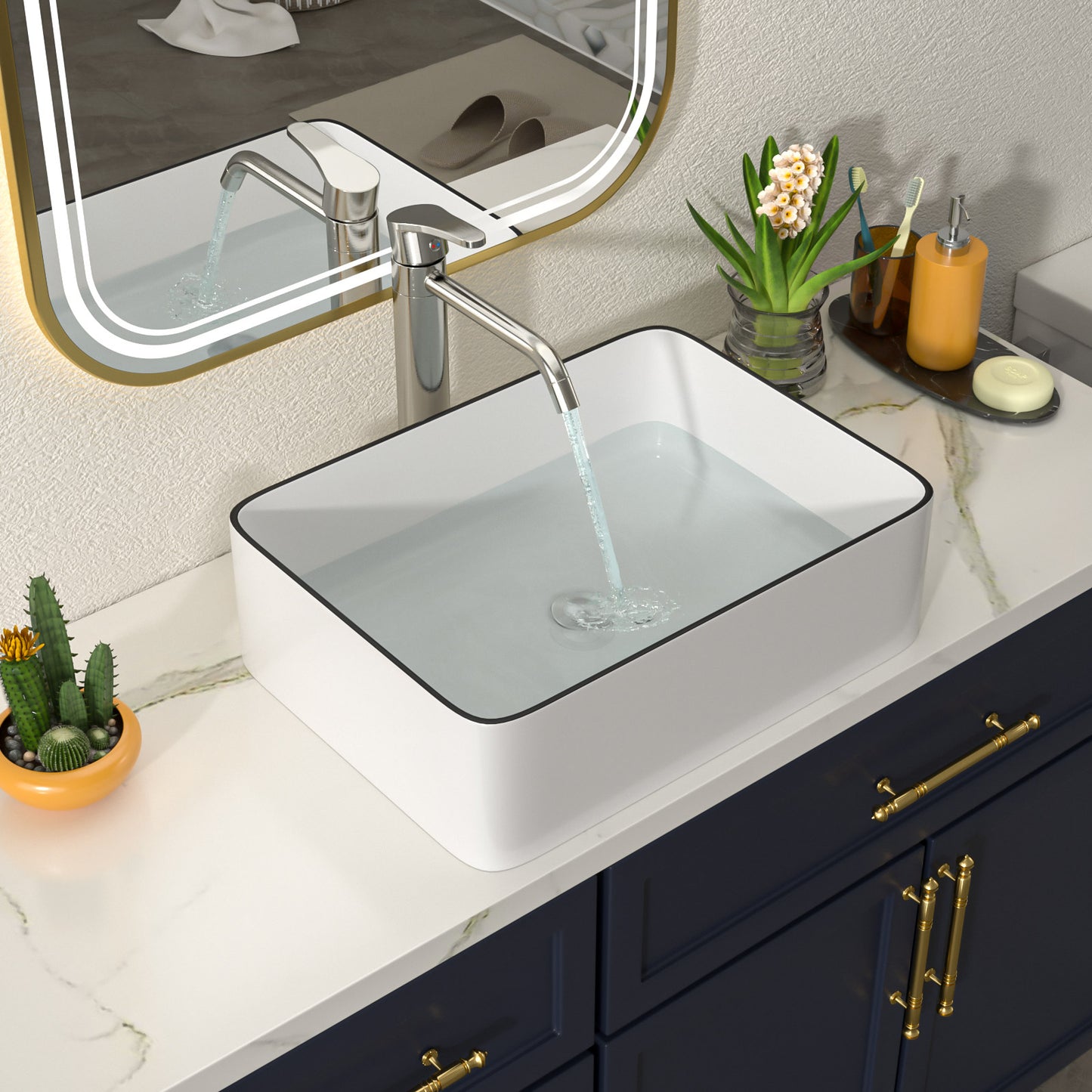 Talllor Bathroom Vessel Sinks 19 Inch White Vessel Sink with Black Rim Modern Small Bathroom Sink Above Counter Rectangular Vessel Sink Vanity Bowl Sinks for Bathroom,15"x19"x5",TLVS-0004
