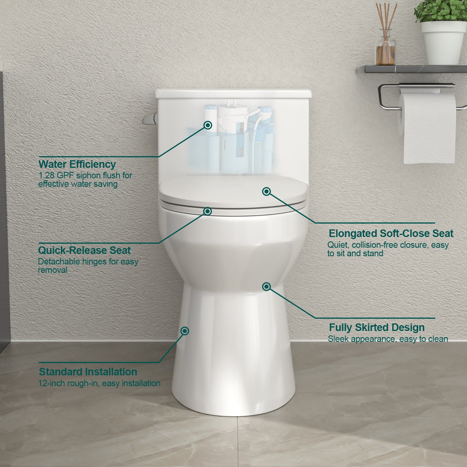 Talllor One Piece Toilet 1.28 GPF Left Flush 12" Rough-In ADA Height 16.5" Comfort Chair Seat White Toilet Tempoii TLMTC-0030