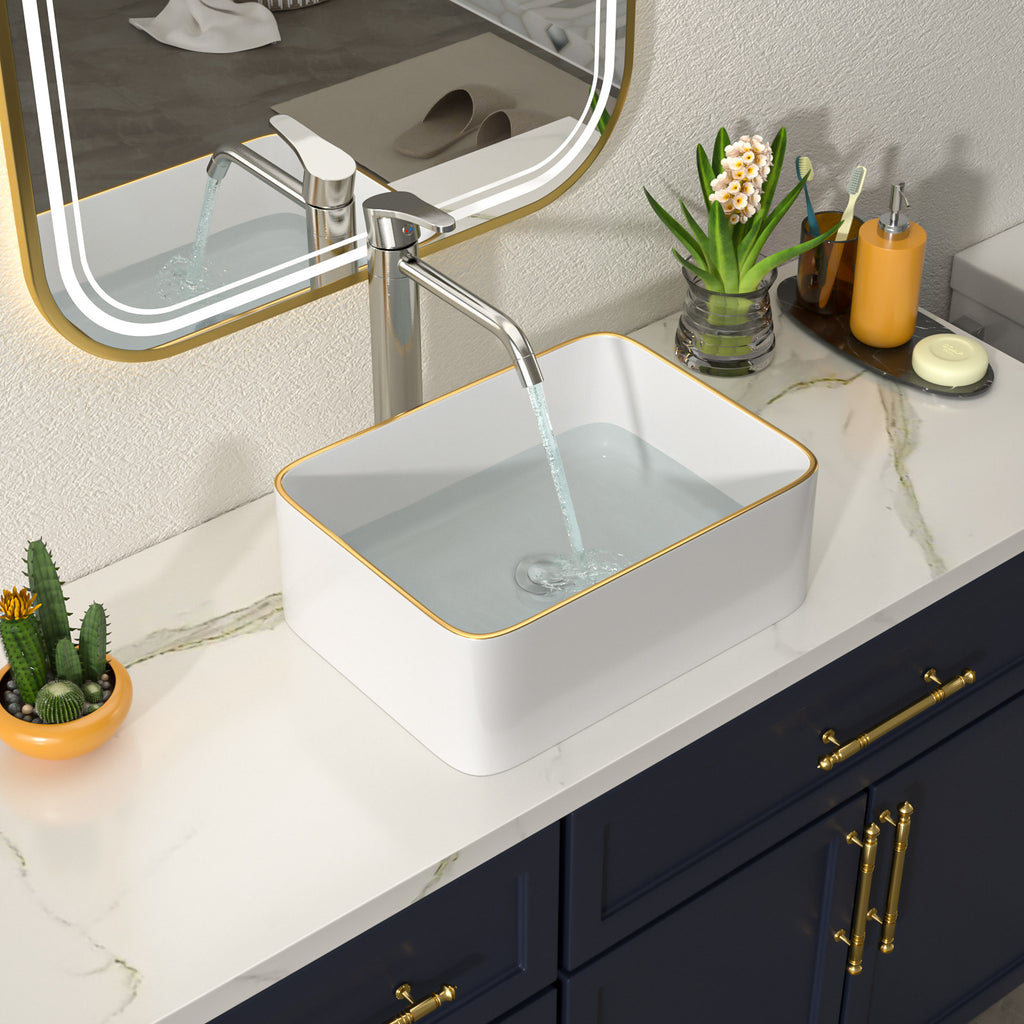 Talllor Bathroom Vessel Sinks 16 Inch White Vessel Sink with Gold Rim Modern Small Bathroom Sink Above Counter Rectangular Vessel Sink Vanity Bowl Sinks for Bathroom,12"x16"x5",TLVS-0003