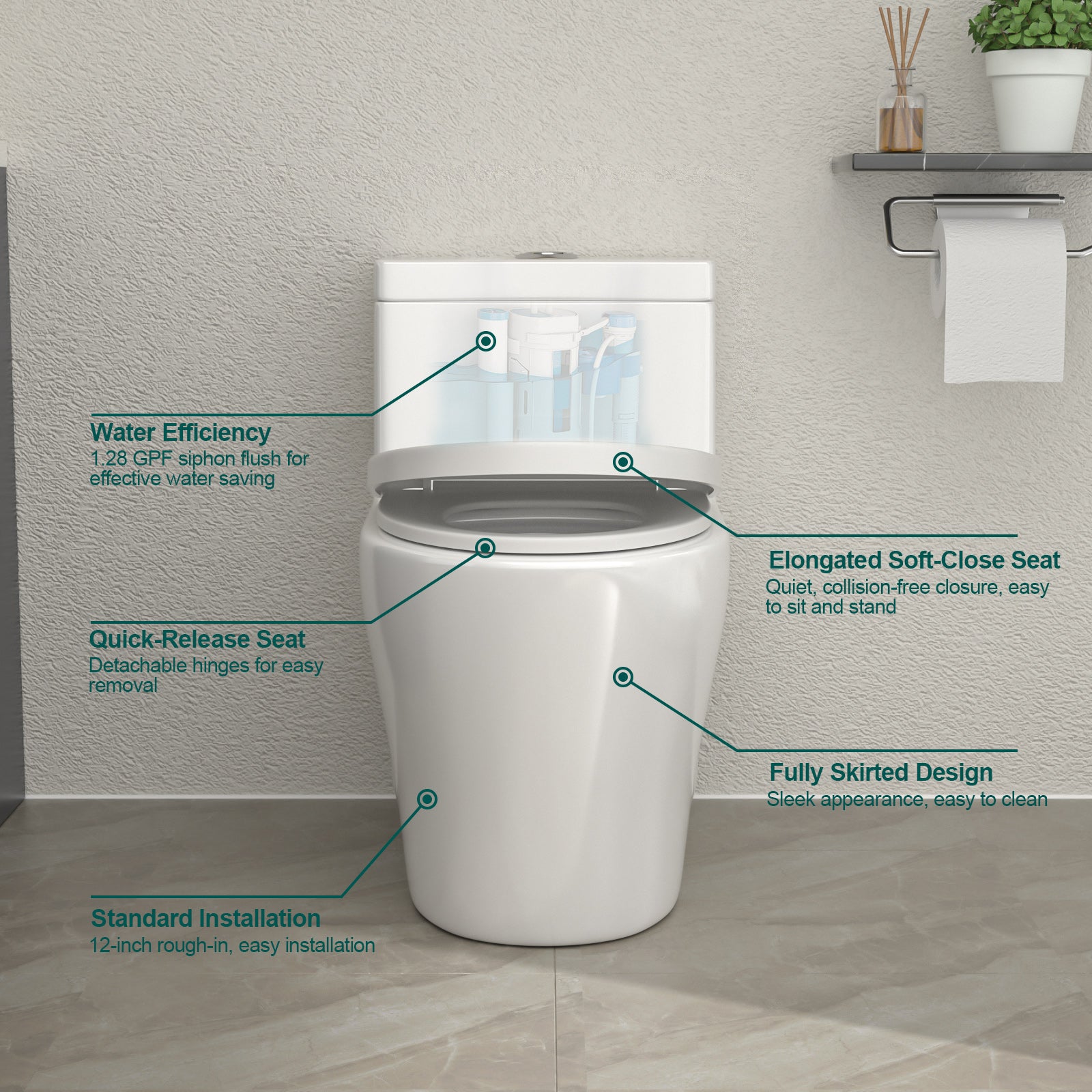Talllor One-Piece Toilet Tempoii TLMTD-0027 Dual Flush Design ADA Height 15 3/4 Inch 1.1/1.6 GPF Soft Close Toilet Seat White 12-Inch Rough-In Toilets, 15"x28.6"x26.4"