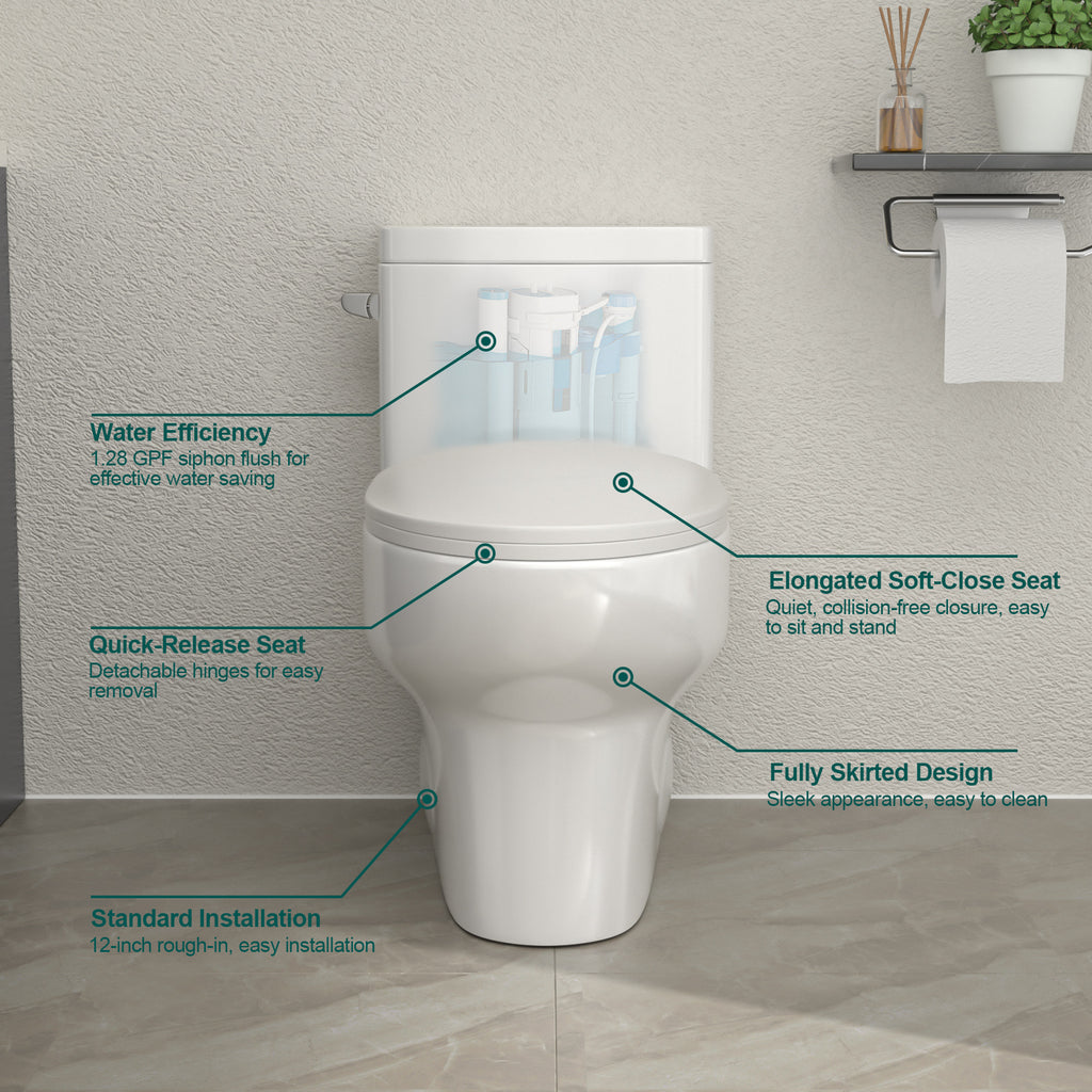 Talllor Side Lever One-Piece Toilet Tempoii TLMTC-0024 Quiet Soft Close Toilet Seat Single Flush Design Water-Efficient 1.28 GPF 12-Inch Rough-In Comfort ADA Height 15 3/5 Inch Toilets, 14"x28.4"x28"