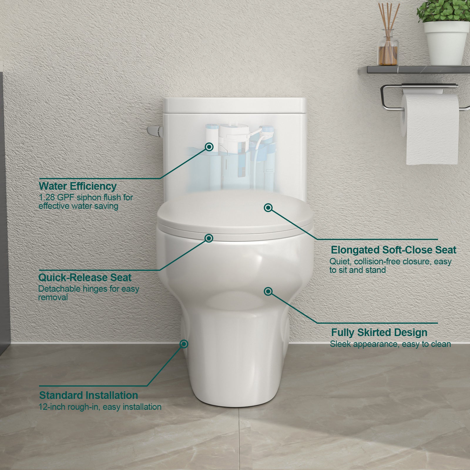 Talllor Side Lever One-Piece Toilet Tempoii TLMTC-0024 Quiet Soft Close Toilet Seat Single Flush Design Water-Efficient 1.28 GPF 12-Inch Rough-In Comfort ADA Height 15 3/5 Inch Toilets, 14"x28.4"x28"