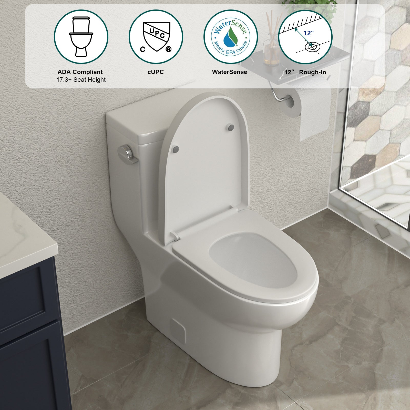 Talllor Side Lever One-Piece Toilet Tempoii TLMTC-0019 Comfort ADA Height 17 1/2 Inches Efficient Single Flush 1.28 GPF Quiet Soft Close Toilet Seat 12-Inch Rough-In White Toilets, 12"x18"x28"