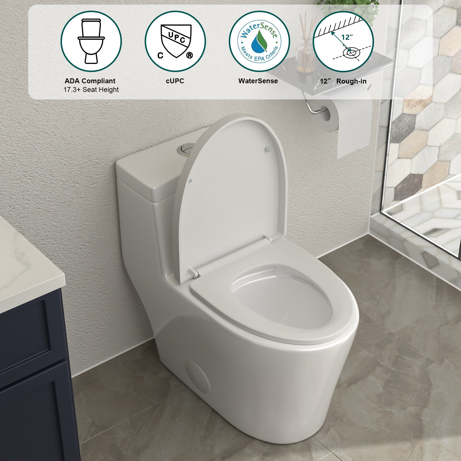Talllor One-Piece Toilet Tempoii TLMTD-0027 Dual Flush Design ADA Height 15 3/4 Inch 1.1/1.6 GPF Soft Close Toilet Seat White 12-Inch Rough-In Toilets, 15"x28.6"x26.4"