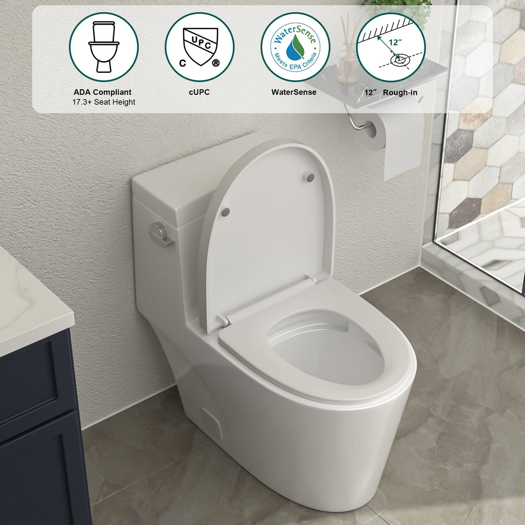 Talllor Side Lever One-Piece Toilet Tempoii TLMTC-0016 Comfort ADA Height 17 3/10 Inch Efficient Single Flush 1.28 GPF Quiet Soft Close Toilet Seat 12-Inch Rough-In Sleek White Toilets,15.6"x28"x28"