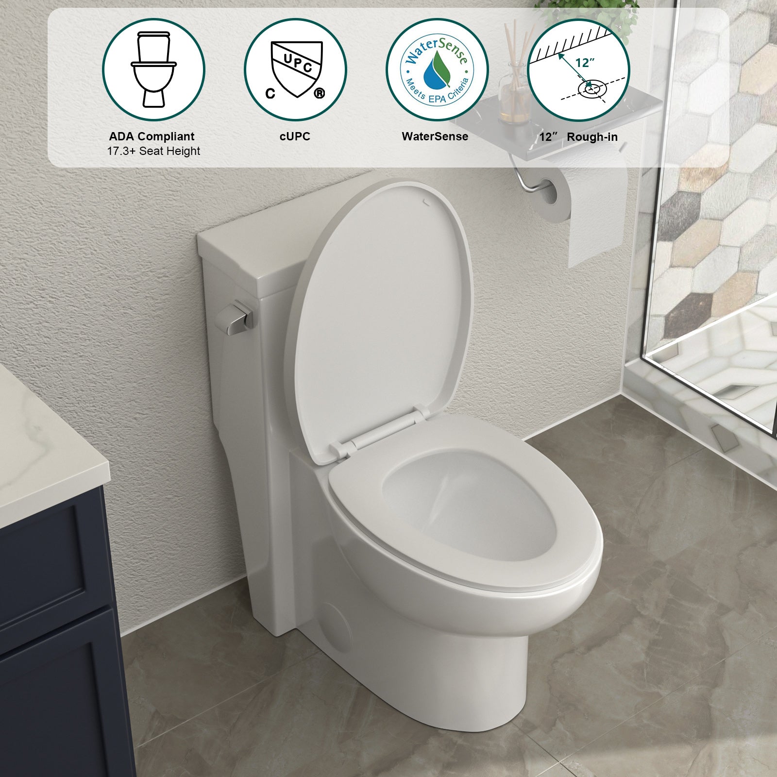 Talllor Side Lever One-Piece Toilet Tempoii TLMTC-0022 Soft Close Toilet Seat Single Flush Efficient 1.28 GPF 12-Inch Rough-In White Comfort Height 15 9/16 Inches ADA Toilet, 14.5"x27.5"x29.25"