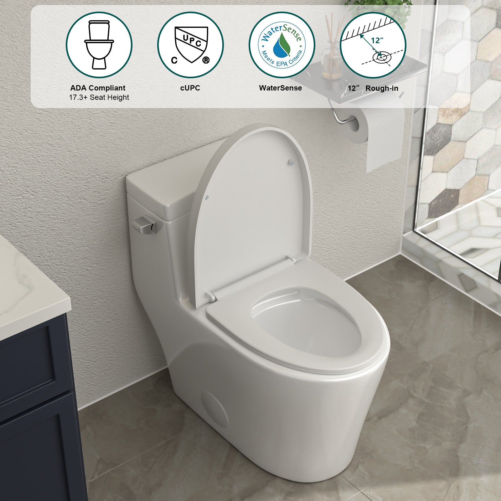 Talllor Side Lever One-Piece Toilet Tempoii TLMTC-0026 Comfort ADA Height 15 3/4 Inch Efficient Single Flush 1.28 GPF Soft Close Toilet Seat 12-Inch Rough-In White Toilets,15.5"x28.6"x26.4"