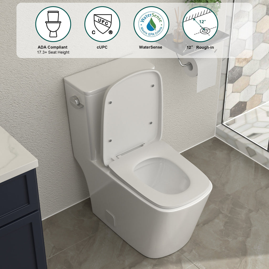 Talllor Side Lever One-Piece Toilet Tempoii TLMTC-0020 Comfort ADA Height 17 1/2 Inches Efficient Single Flush 1.28 GPF Quiet Soft Close Toilet Seat 12-Inch Rough-In White Toilets, 14"x27.2"x30.5"
