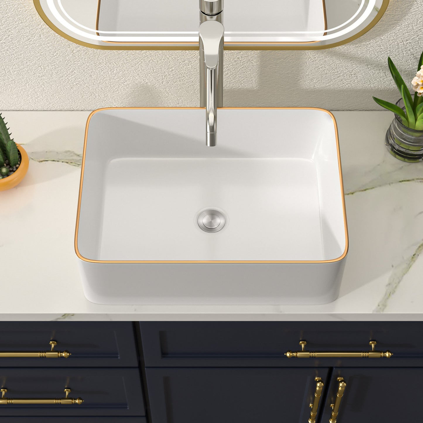 Talllor Bathroom Vessel Sinks 16 Inch White Vessel Sink with Gold Rim Modern Small Bathroom Sink Above Counter Rectangular Vessel Sink Vanity Bowl Sinks for Bathroom,15"x19"x5",TLVS-0006