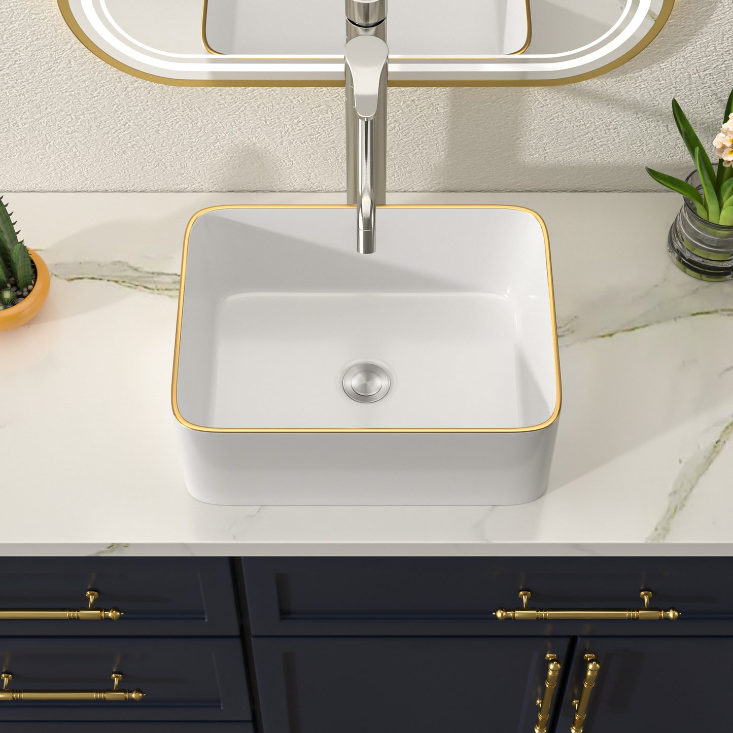 Talllor Bathroom Vessel Sinks 16 Inch White Vessel Sink with Gold Rim Modern Small Bathroom Sink Above Counter Rectangular Vessel Sink Vanity Bowl Sinks for Bathroom,12"x16"x5",TLVS-0003