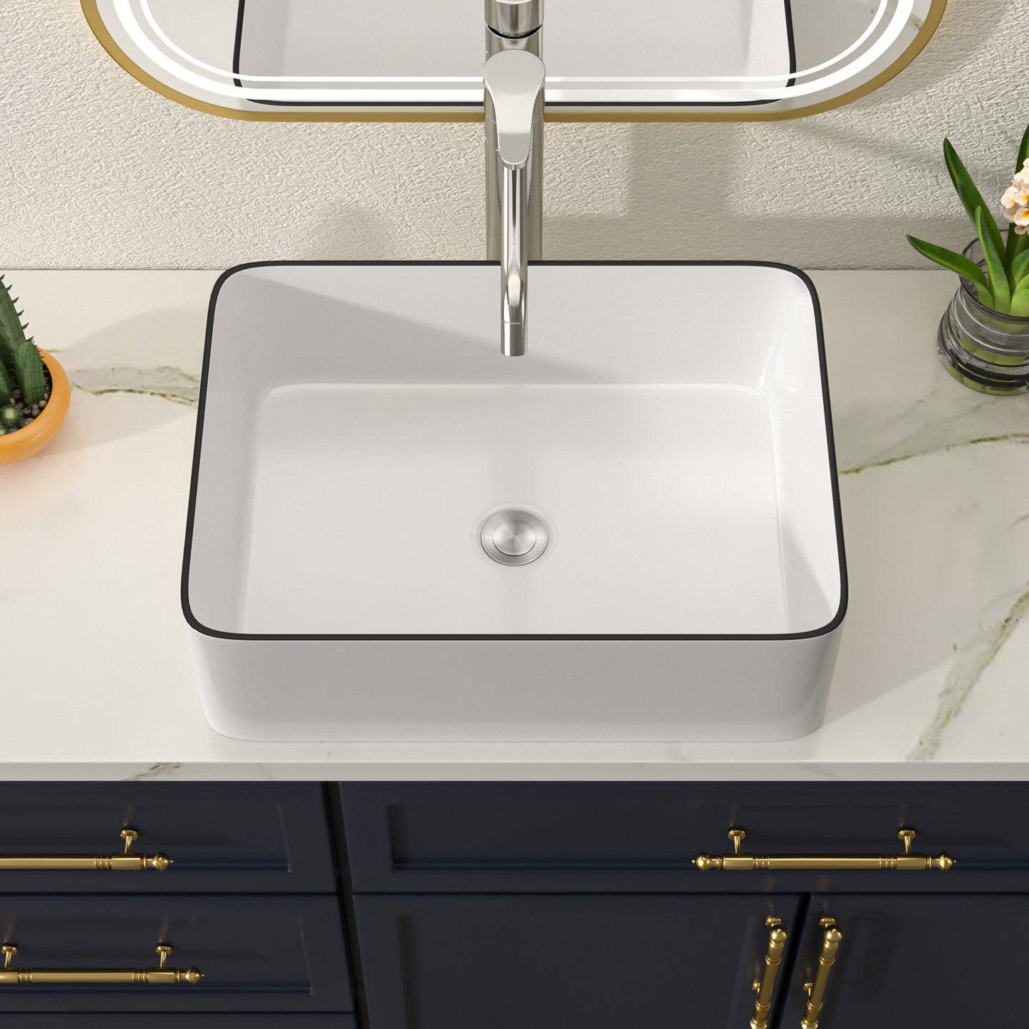 Talllor Bathroom Vessel Sinks 19 Inch White Vessel Sink with Black Rim Modern Small Bathroom Sink Above Counter Rectangular Vessel Sink Vanity Bowl Sinks for Bathroom,15"x19"x5",TLVS-0004