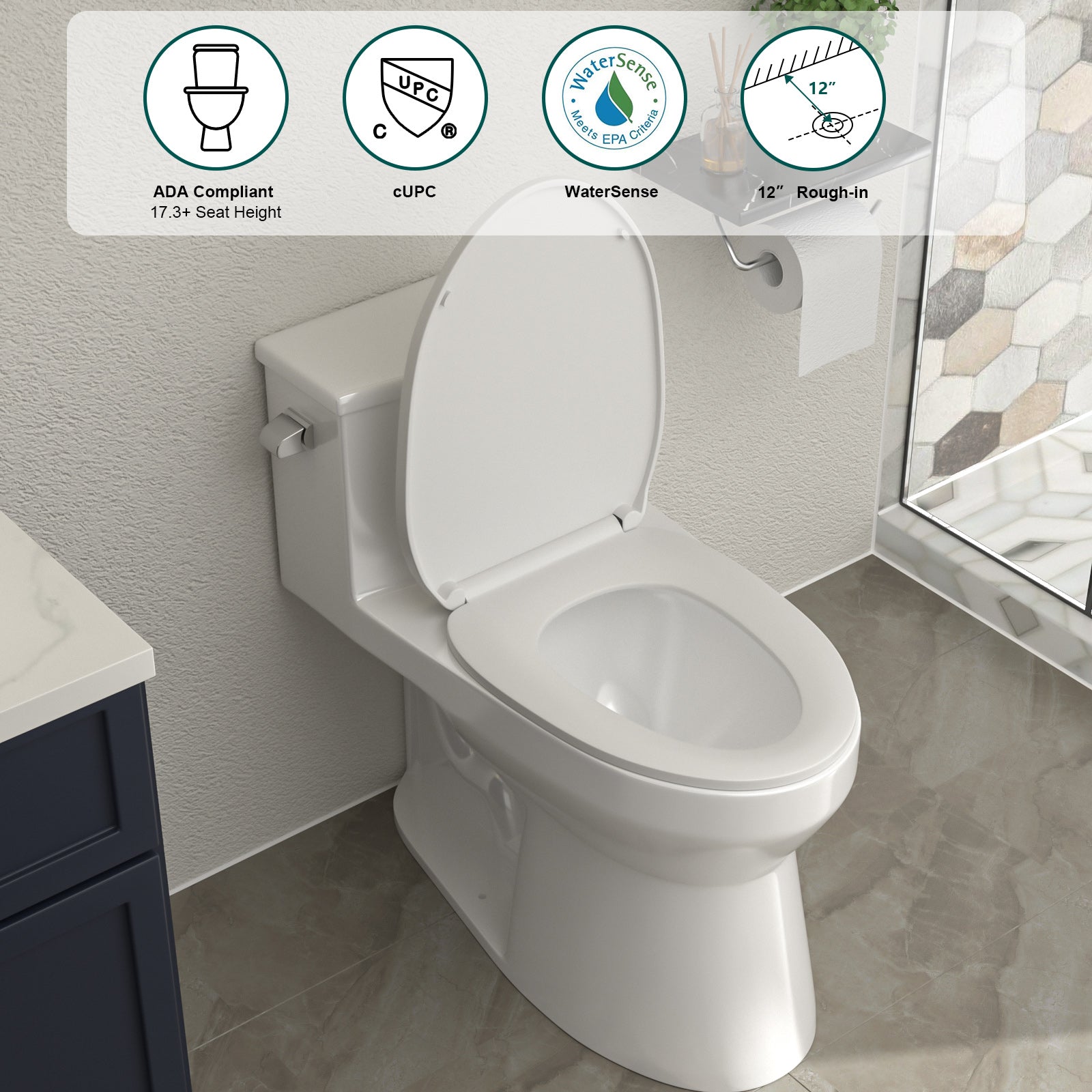 Talllor One Piece Toilet 1.28 GPF Left Flush 12" Rough-In ADA Height 16.5" Comfort Chair Seat White Toilet Tempoii TLMTC-0030