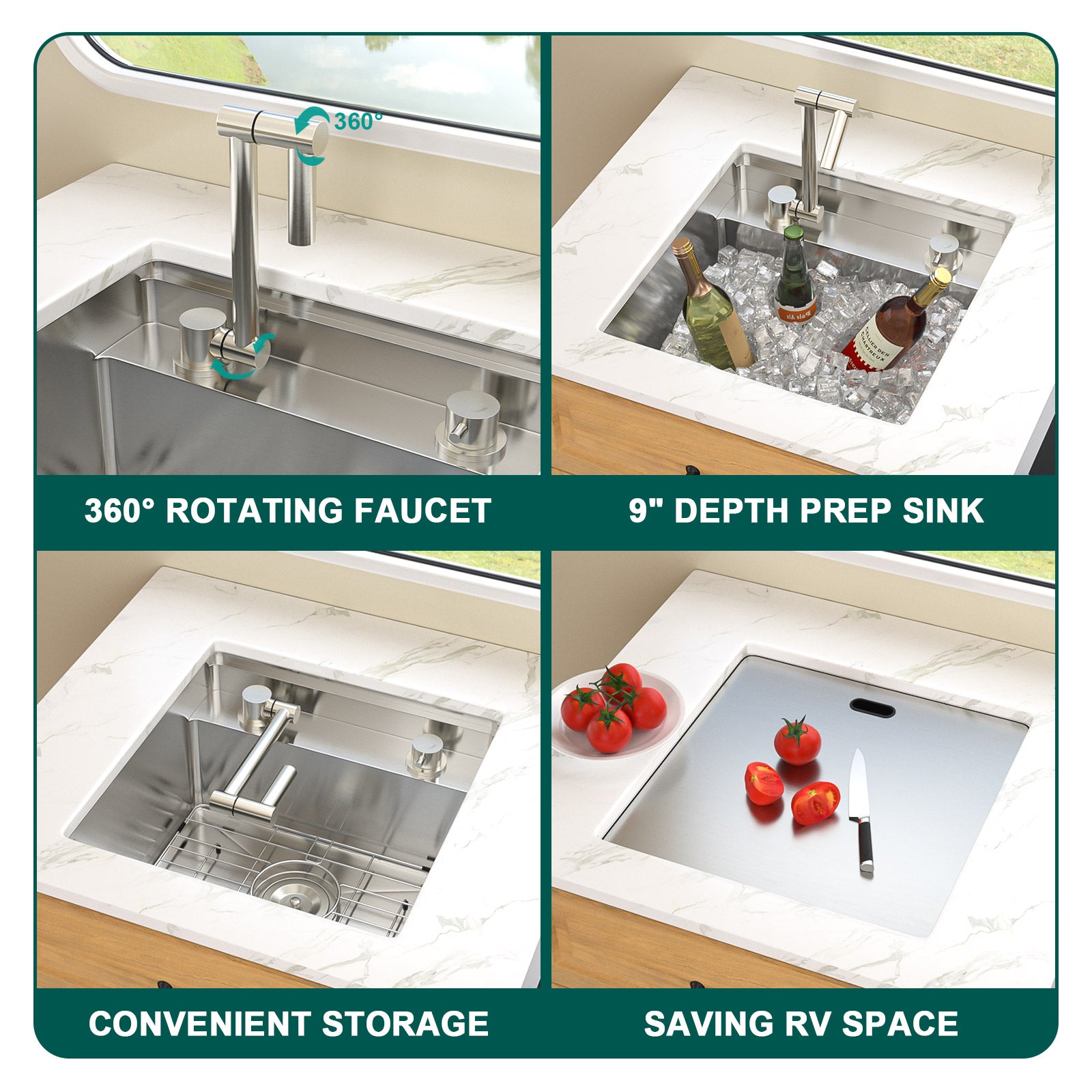 Talllor Rv Sink 18"x18"x9" Bar Sink Undermount 16 Guage Stainless Steel Single Bowl Rv Hidden Sink With Faucet Small Kitchen Sink Folding Sink For Small Space,TLRV-0037