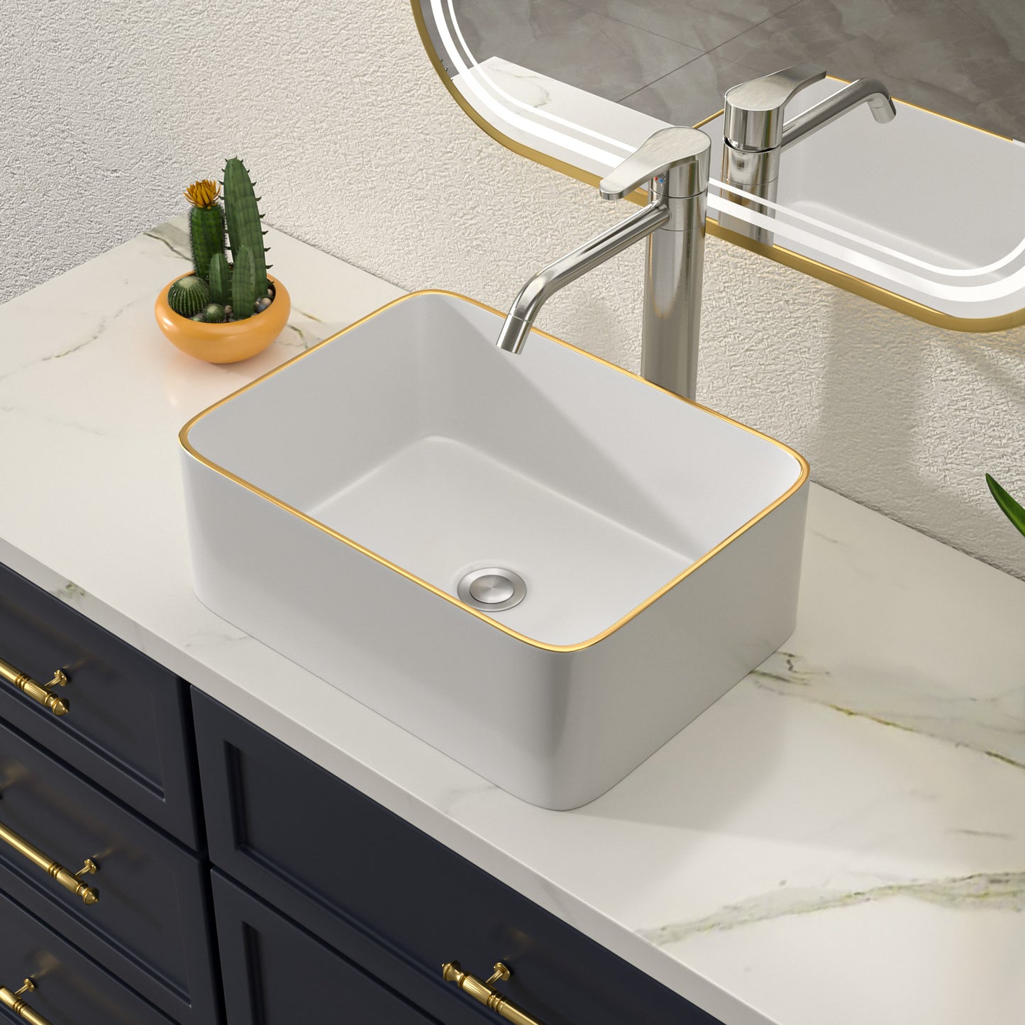 Talllor Bathroom Vessel Sinks 16 Inch White Vessel Sink with Gold Rim Modern Small Bathroom Sink Above Counter Rectangular Vessel Sink Vanity Bowl Sinks for Bathroom,12"x16"x5",TLVS-0003