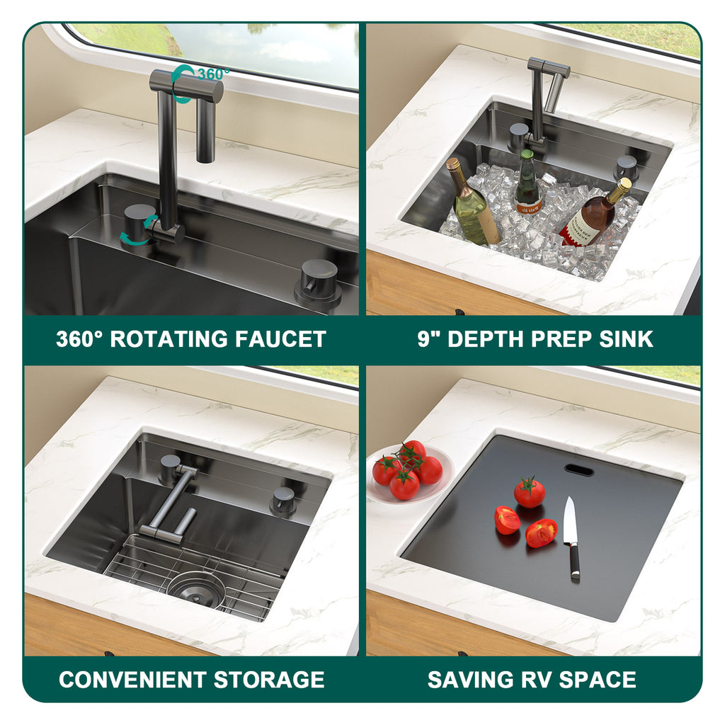 Talllor Rv Sink 18"x18"x9" Black Bar Sink Undermount Stainless Steel Single Bowl Rv Hidden Sink With Faucet Small Kitchen Sink Folding Sink For Small Space,TLRV-0038
