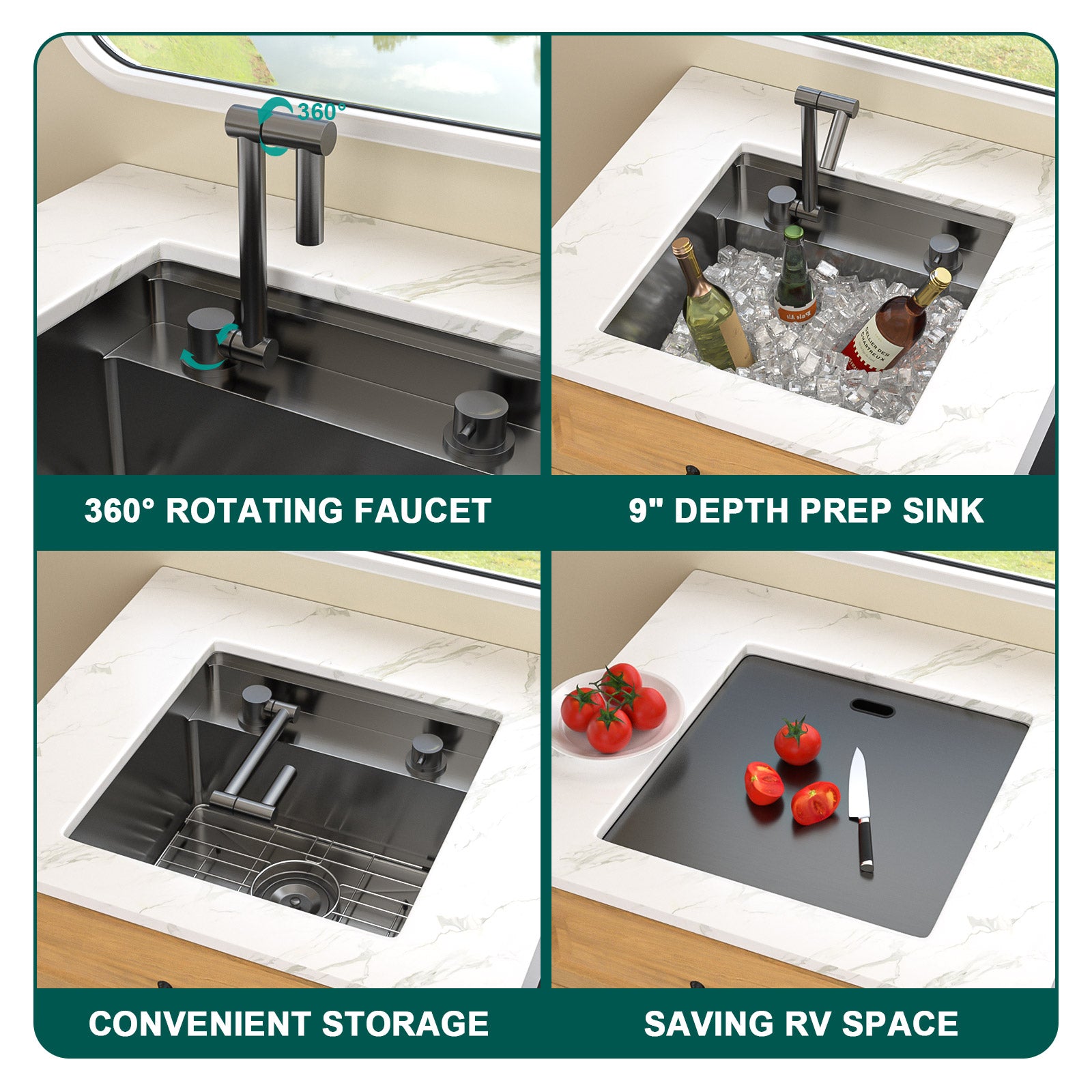 Talllor Rv Sink 18"x18"x9" Black Bar Sink Undermount Stainless Steel Single Bowl Rv Hidden Sink With Faucet Small Kitchen Sink Folding Sink For Small Space,TLRV-0038