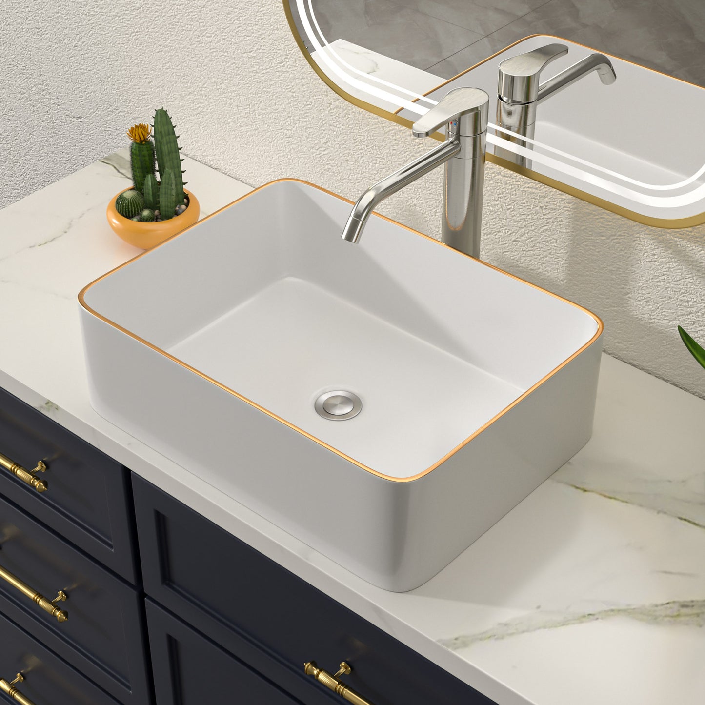 Talllor Bathroom Vessel Sinks 16 Inch White Vessel Sink with Gold Rim Modern Small Bathroom Sink Above Counter Rectangular Vessel Sink Vanity Bowl Sinks for Bathroom,15"x19"x5",TLVS-0006
