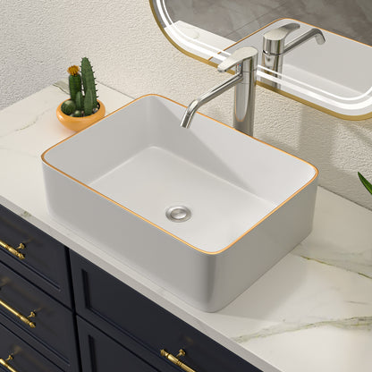Talllor Bathroom Vessel Sinks 16 Inch White Vessel Sink with Gold Rim Modern Small Bathroom Sink Above Counter Rectangular Vessel Sink Vanity Bowl Sinks for Bathroom,15"x19"x5",TLVS-0006