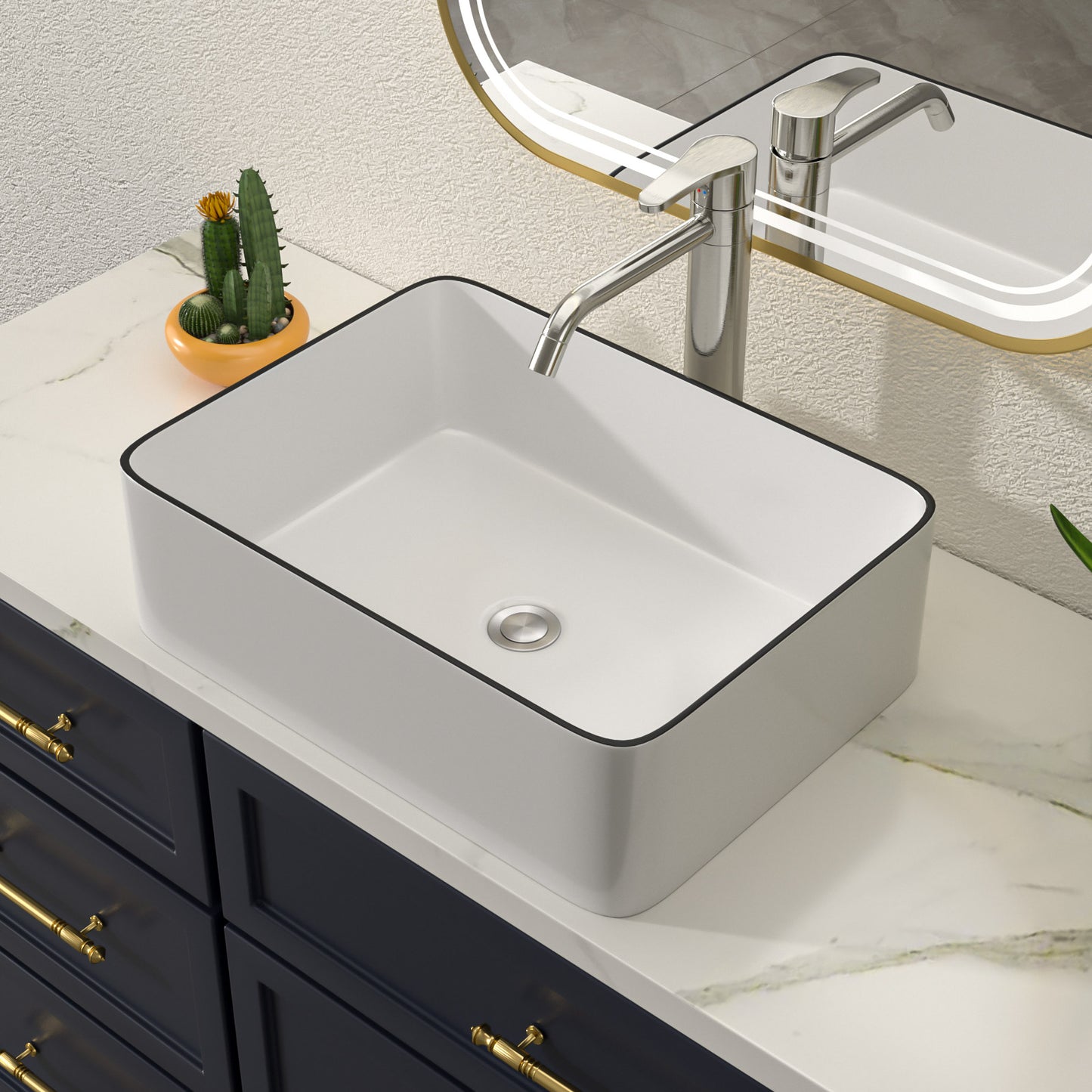 Talllor Bathroom Vessel Sinks 19 Inch White Vessel Sink with Black Rim Modern Small Bathroom Sink Above Counter Rectangular Vessel Sink Vanity Bowl Sinks for Bathroom,15"x19"x5",TLVS-0004