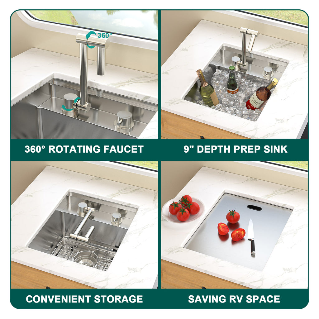 Talllor Rv Sink 15"x18"x9" Bar Sink Undermount 16 Guage Stainless Steel Single Bowl Rv Hidden Sink With Faucet Small Kitchen Sink Folding Sink For Small Space,TLRV-0035