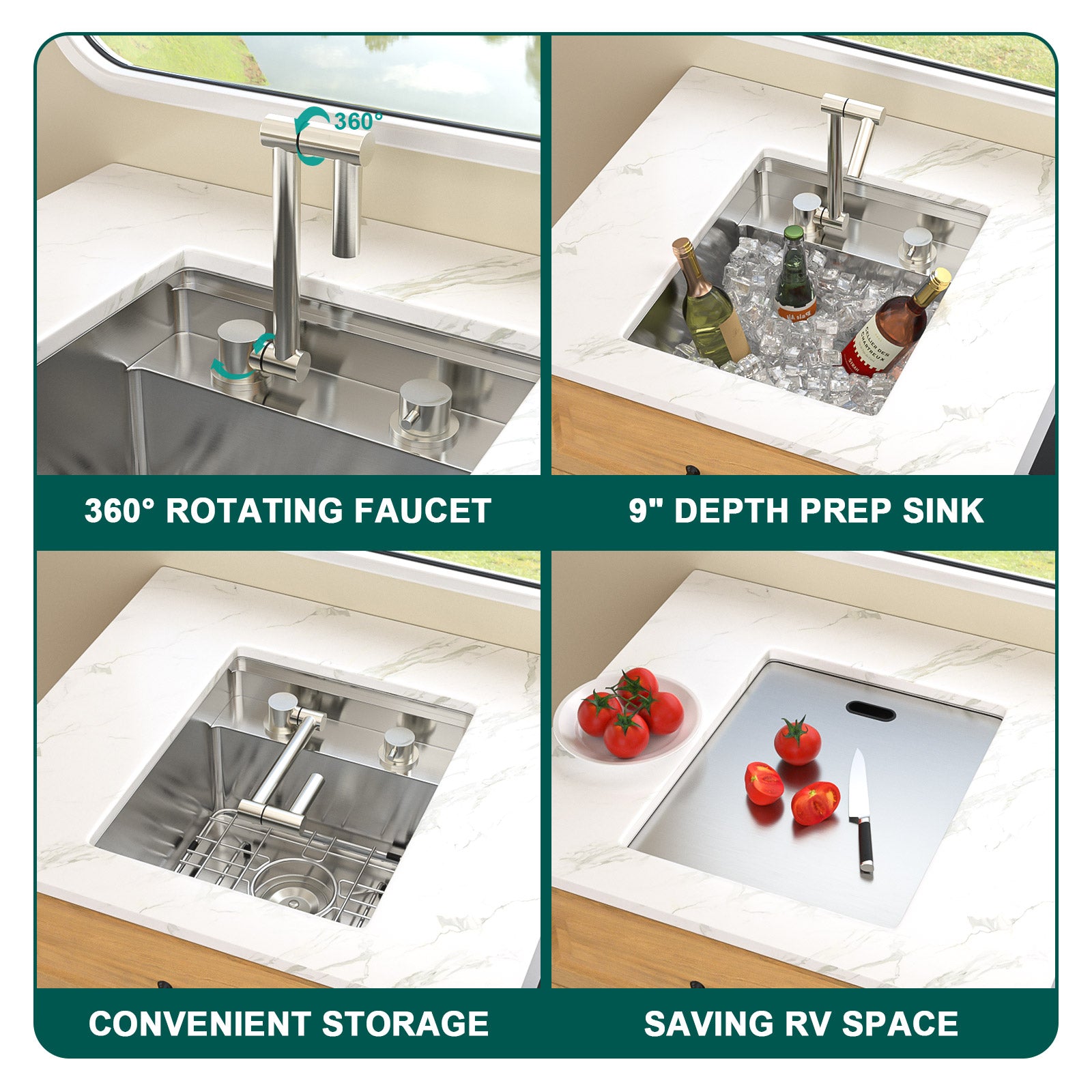 Talllor Rv Sink 15"x18"x9" Bar Sink Undermount 16 Guage Stainless Steel Single Bowl Rv Hidden Sink With Faucet Small Kitchen Sink Folding Sink For Small Space,TLRV-0035