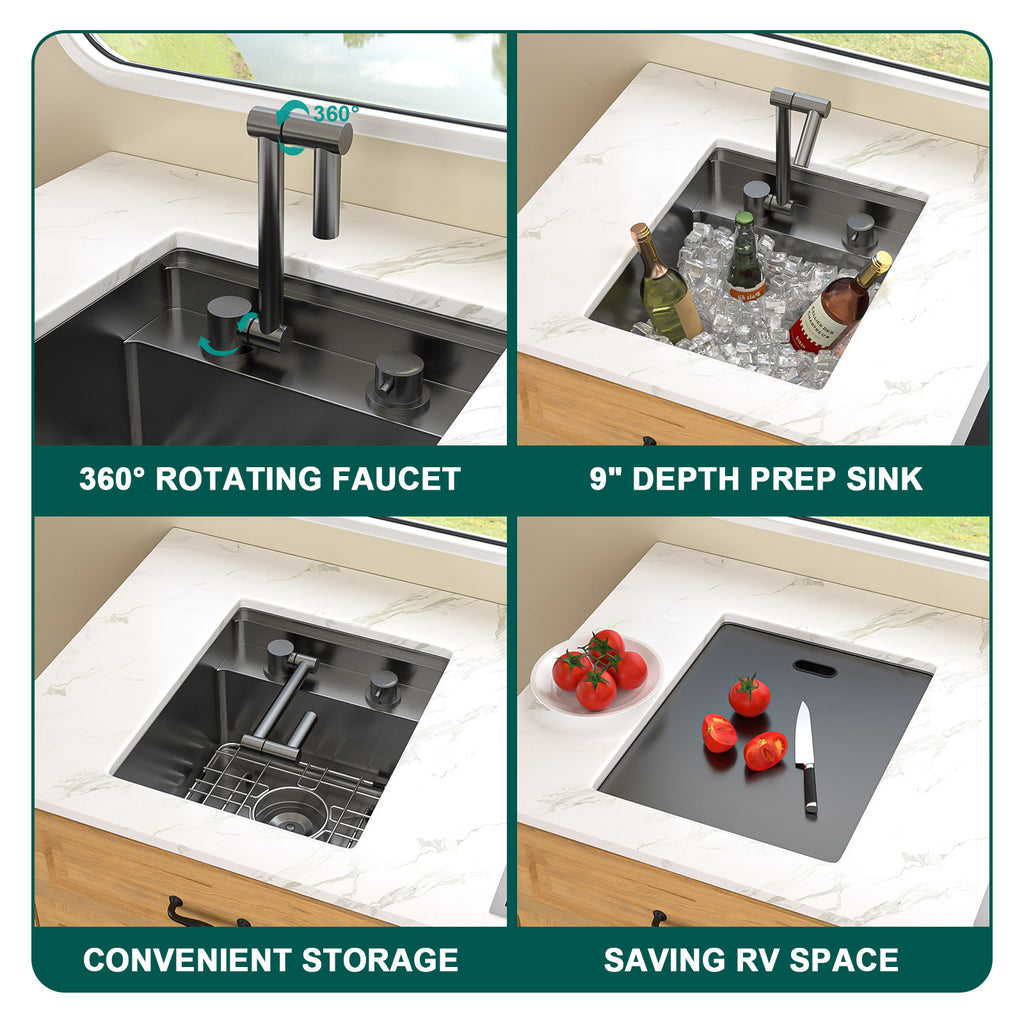 Talllor Rv Sink 15"x18"x9" Black Bar Sink Undermount Stainless Steel Single Bowl Rv Hidden Sink With Faucet Small Kitchen Sink Folding Sink For Small Space,TLRV-0036