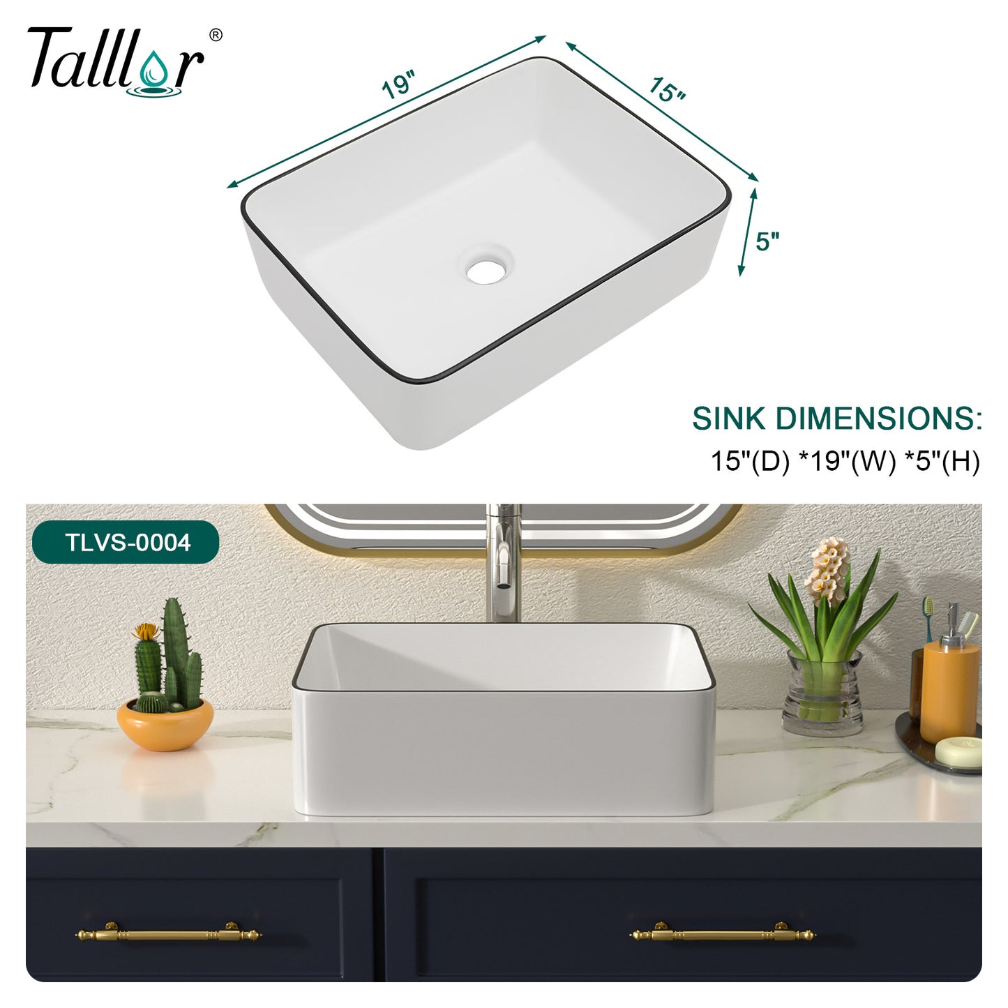 Talllor Bathroom Vessel Sinks 19 Inch White Vessel Sink with Black Rim Modern Small Bathroom Sink Above Counter Rectangular Vessel Sink Vanity Bowl Sinks for Bathroom,15"x19"x5",TLVS-0004