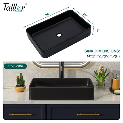 Talllor Bathroom Vessel Sinks 24 Inch Black Bathroom Sink Above Counter Rectangular Vessel Sink Vanity Bowl Sinks for Bathroom Modern Small Bathroom Sink,16"x24"x5",TLVS-0007