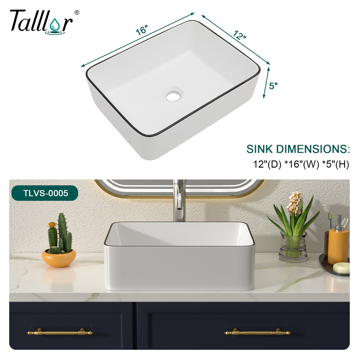 Talllor Bathroom Vessel Sinks 16 Inch White Vessel Sink with Black Rim Modern Small Bathroom Sink Above Counter Rectangular Vessel Sink Vanity Bowl Sinks for Bathroom,12"x16"x5",TLVS-0005