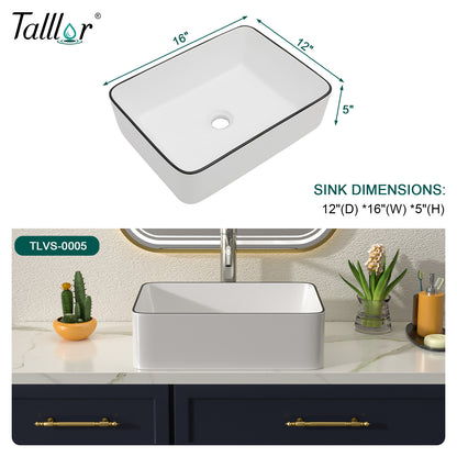 Talllor Bathroom Vessel Sinks 16 Inch White Vessel Sink with Black Rim Modern Small Bathroom Sink Above Counter Rectangular Vessel Sink Vanity Bowl Sinks for Bathroom,12"x16"x5",TLVS-0005