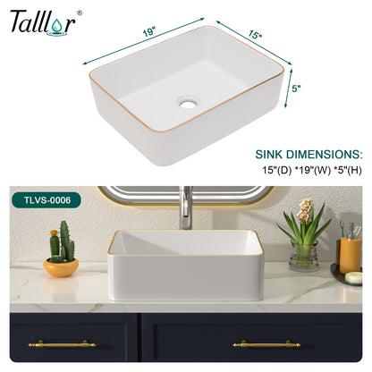 Talllor Bathroom Vessel Sinks 16 Inch White Vessel Sink with Gold Rim Modern Small Bathroom Sink Above Counter Rectangular Vessel Sink Vanity Bowl Sinks for Bathroom,15"x19"x5",TLVS-0006