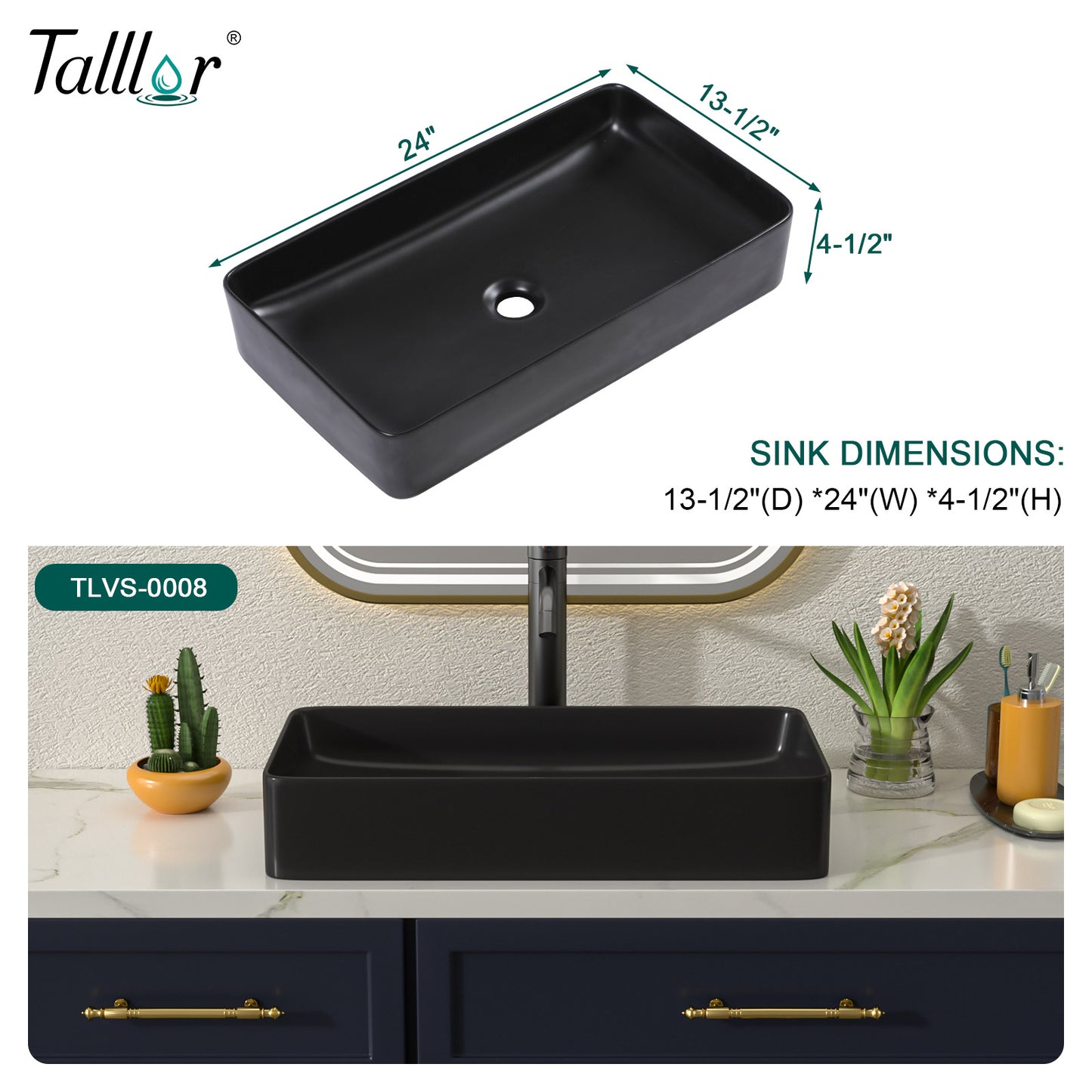 Talllor Bathroom Vessel Sinks 24 Inch Black Bathroom Sink Above Counter Rectangular Vessel Sink Vanity Bowl Sinks for Bathroom Modern Small Bathroom Sink,13.5"x24"x4.5",TLVS-0008