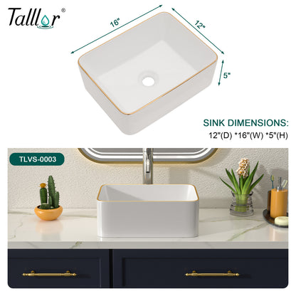 Talllor Bathroom Vessel Sinks 16 Inch White Vessel Sink with Gold Rim Modern Small Bathroom Sink Above Counter Rectangular Vessel Sink Vanity Bowl Sinks for Bathroom,12"x16"x5",TLVS-0003