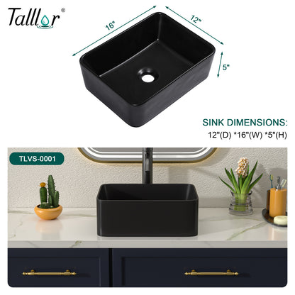Talllor Bathroom Vessel Sinks 16 Inch Black Bathroom Sink Above Counter Rectangular Vessel Sink Vanity Bowl Sinks for Bathroom Modern Small Bathroom Sink,12"x16"x5",TLVS-0001