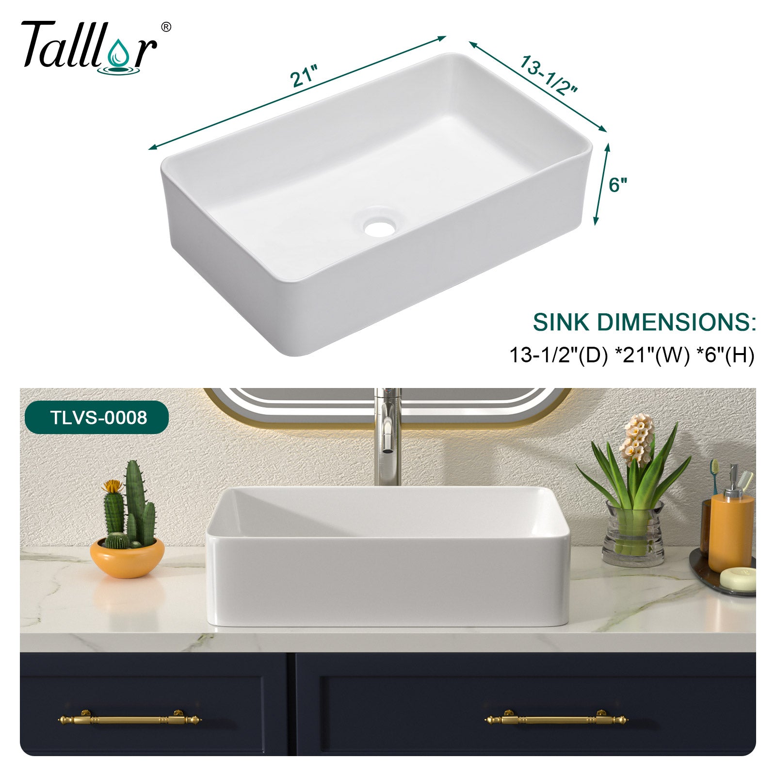 Talllor Bathroom Vessel Sinks 21 Inch White Vessel Sink Modern Small Bathroom Sink Above Counter Rectangular Vessel Sink Vanity Bowl Sinks for Bathroom,13.5"x21"x5",TLVS-0009