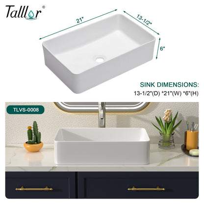 Talllor Bathroom Vessel Sinks 21 Inch White Vessel Sink Modern Small Bathroom Sink Above Counter Rectangular Vessel Sink Vanity Bowl Sinks for Bathroom,13.5"x21"x5",TLVS-0009