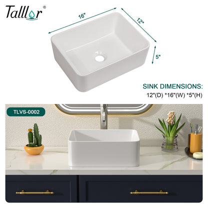 Talllor Bathroom Vessel Sinks 16 Inch White Vessel Sink Modern Small Bathroom Sink Above Counter Rectangular Vessel Sink Vanity Bowl Sinks for Bathroom,12"x16"x5",TLVS-0002