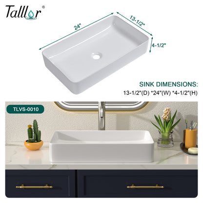Talllor Bathroom Vessel Sinks 24 Inch White Vessel Sink Modern Small Bathroom Sink Above Counter Rectangular Vessel Sink Vanity Bowl Sinks for Bathroom,13.5"x24"x4.5",TLVS-0010