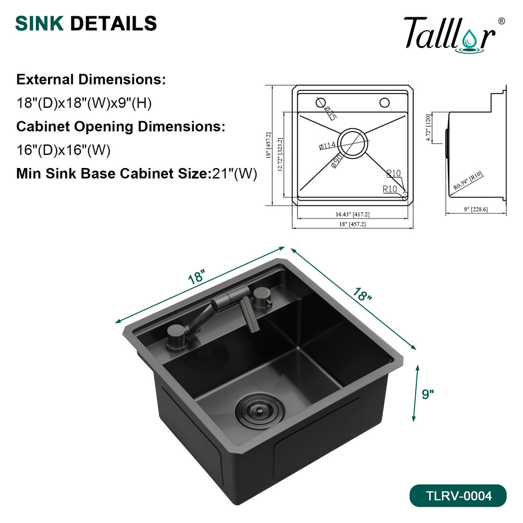 Talllor Rv Sink 18"x18"x9" Black Bar Sink Undermount Stainless Steel Single Bowl Rv Hidden Sink With Faucet Small Kitchen Sink Folding Sink For Small Space,TLRV-0038