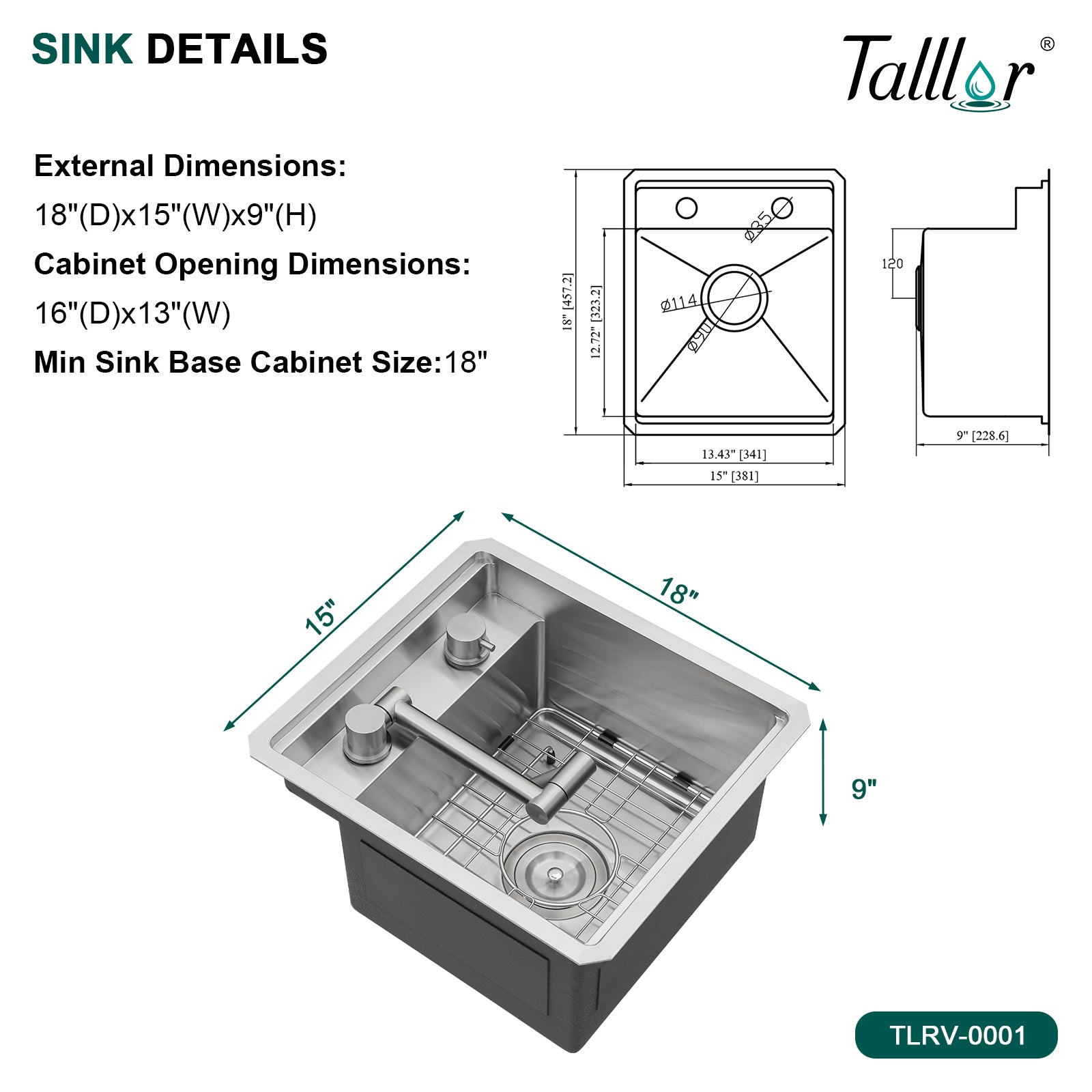 Talllor Rv Sink 15"x18"x9" Bar Sink Undermount 16 Guage Stainless Steel Single Bowl Rv Hidden Sink With Faucet Small Kitchen Sink Folding Sink For Small Space,TLRV-0035